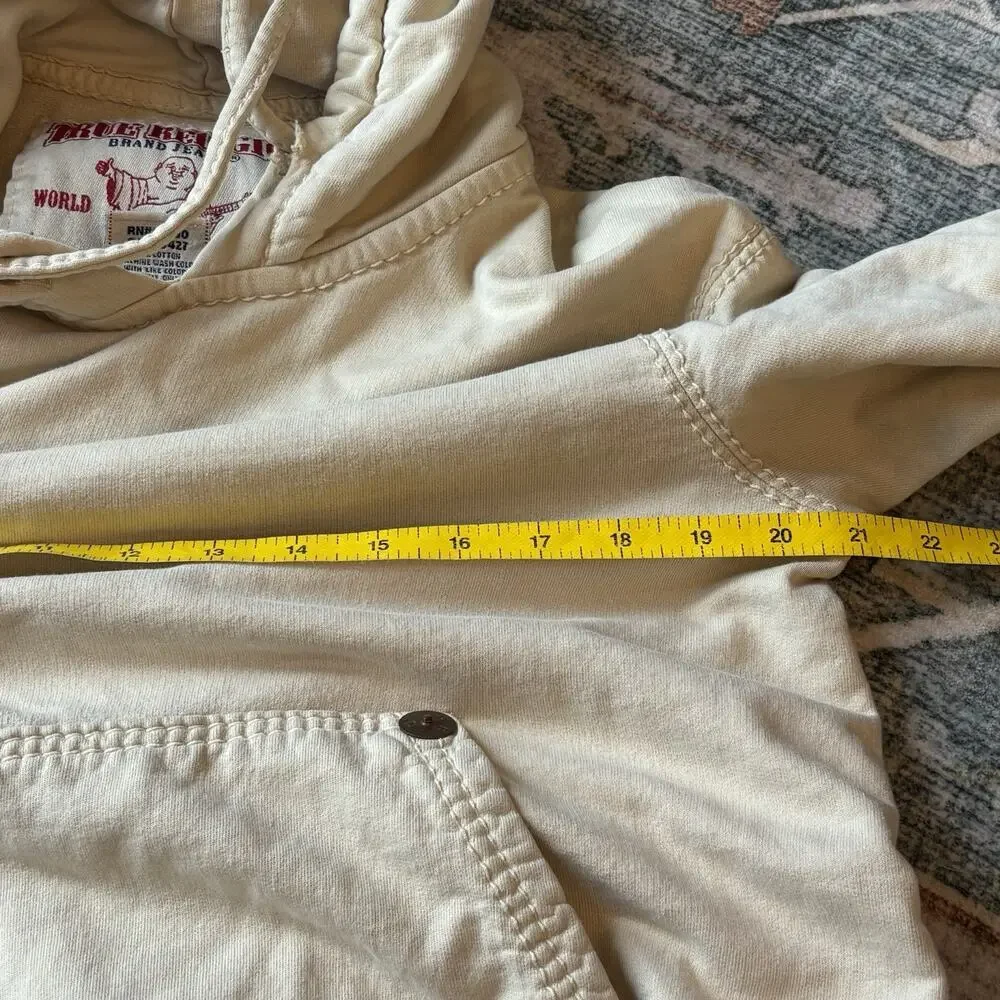 Y2K True Religion M Graphic Print Hoodie Sweatshirt Cream Streetwear Vtg Flaws